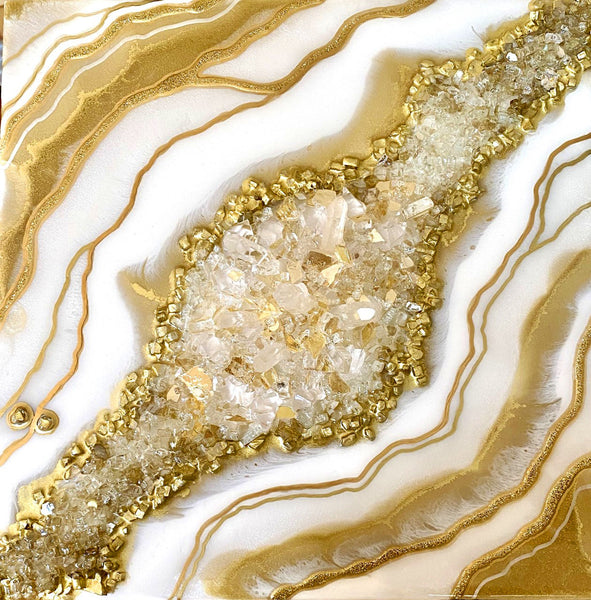 Gold 2024 Glitter Crystal Geode Resin Art, 12 x 12 panel