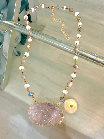 Druzy Lab & Moon Necklace