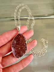 Silver Dark Pink Druzy Necklace