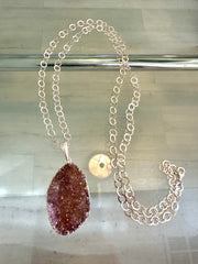 Silver Dark Pink Druzy Necklace