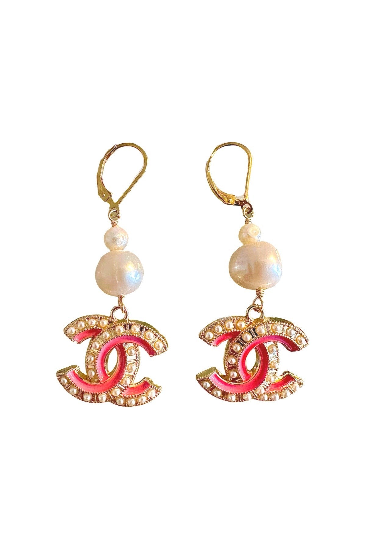 CC Cutout Pink Pearl Dangle Earrings