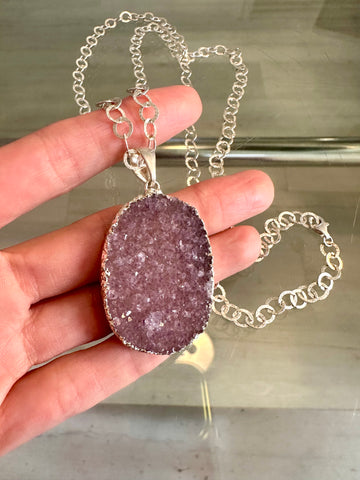 Silver Pink Druzy Necklace